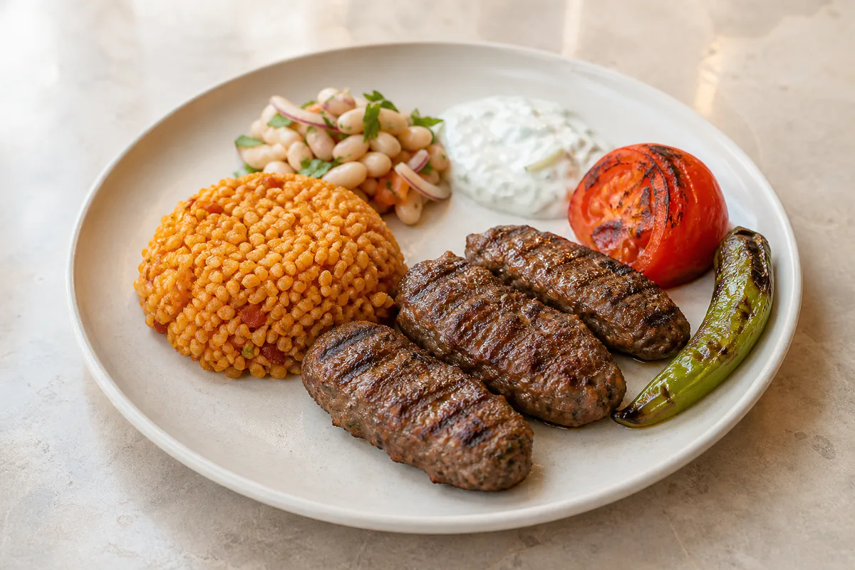 Bulgur pilavı ve köz sebzelerle kasap köfte